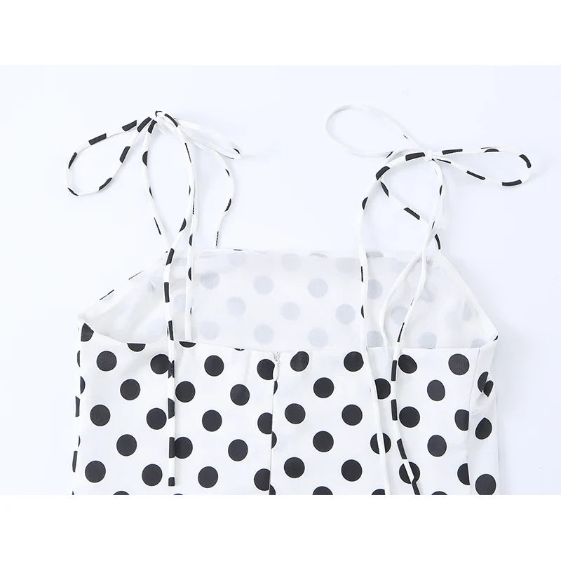 French Vacation Style Versatile White Polka Dot Spaghetti Tie Strap A-line Midi Dresses