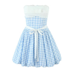 ï»?French Style Sexy Sweet Bow Patchwork Plaid Strapless Mini Dresses