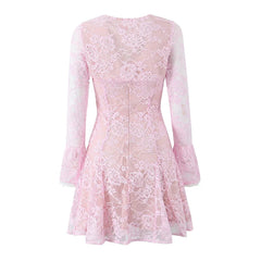 Sexy Elegant 2pcs Pink Lace Dresses Thin Straps + Long Sleeve Crop Top Christmas Party Mini Dresses