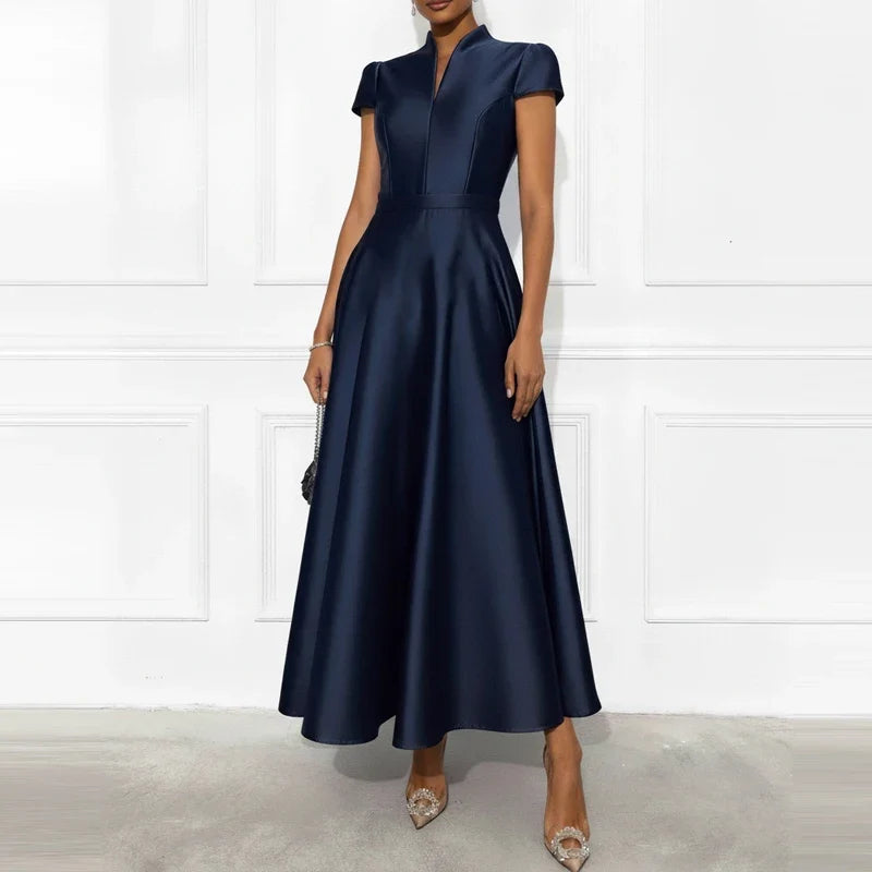 Ladies Elegant Temperament Party Long Dresses Simple Solid Color V Neck Short Sleeved Dresses