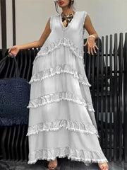Solid Color V-neck Frayed Edge Patchwork Denim Dresses