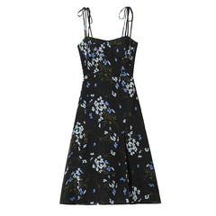 Summer French Style Retro Floral Print Sling Dresses Sexy Hem Slit High Waist A-line Midi Dresses