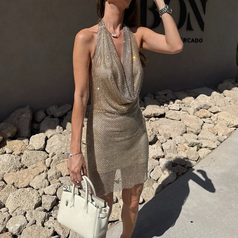 Sexy Swinging Collar Mesh Sequins Dresses