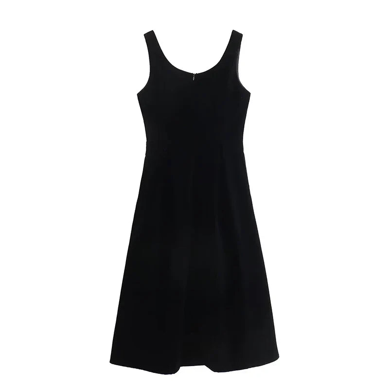 Black O Neck Sleeveless A-line Midi Tank Velvet Dresses High Quality Elegant Vestidos