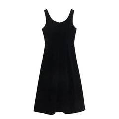 Black O Neck Sleeveless A-line Midi Tank Velvet Dresses High Quality Elegant Vestidos