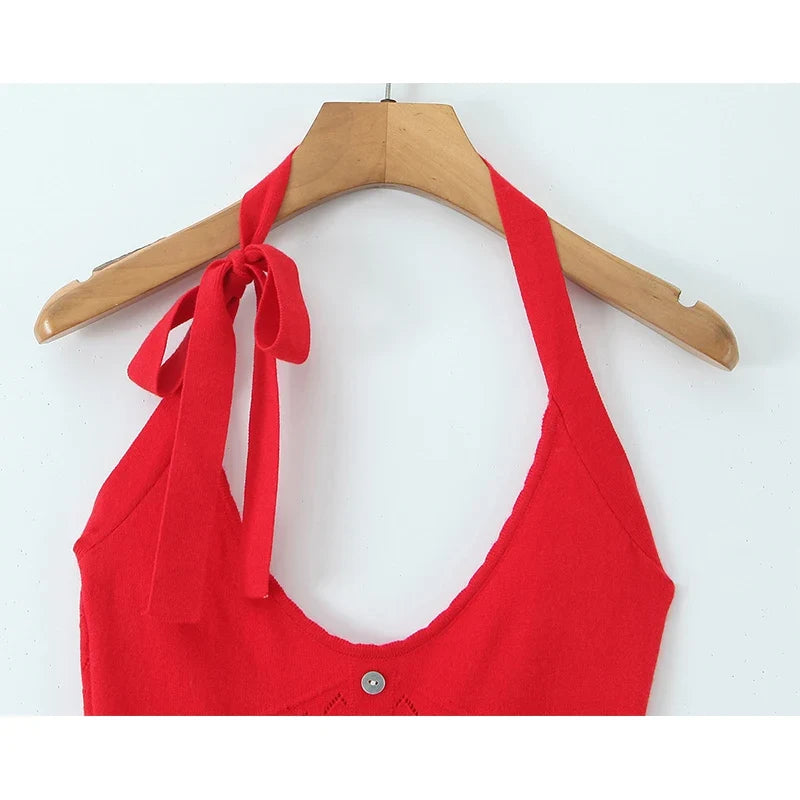 Summer Fit Slim Backless Halter Red Knit Dresses Bodycon Mini Sexy Dress