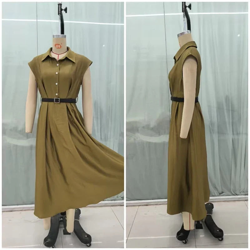 Sleeveless With Belt Long Shirt Dresses Lapel Collar A-line Elegant Office Vestidos