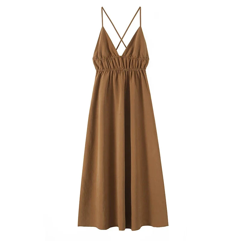 Sexy Spaghetti Straps Backless Flowy Midi Dresses