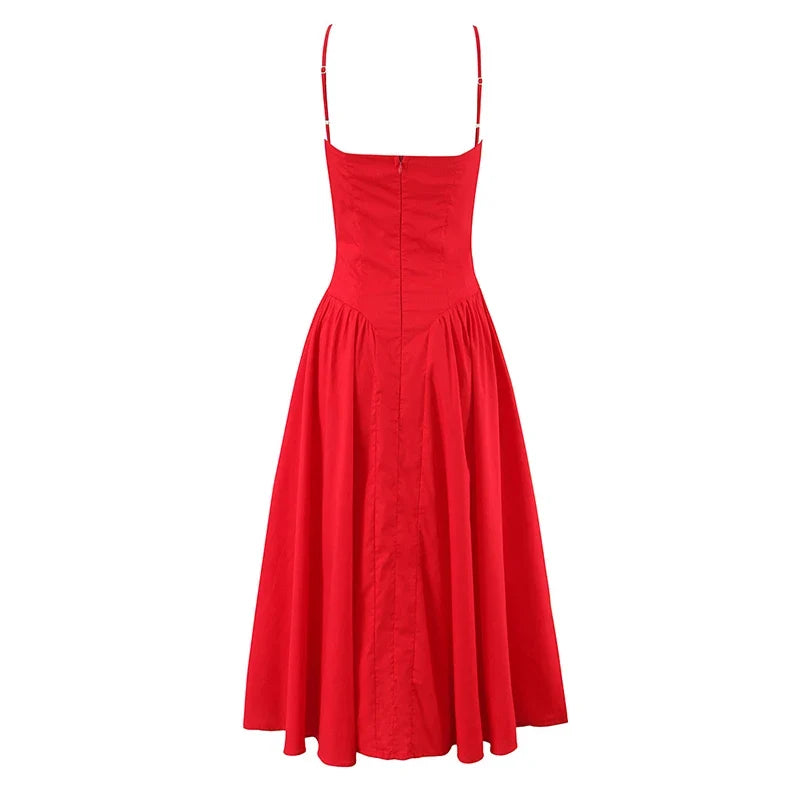 Sexy Spaghetti Straps Red Evening Party Dresses Pretty Girl Low Waist Flare And Flare Birthday Dresses Cotton