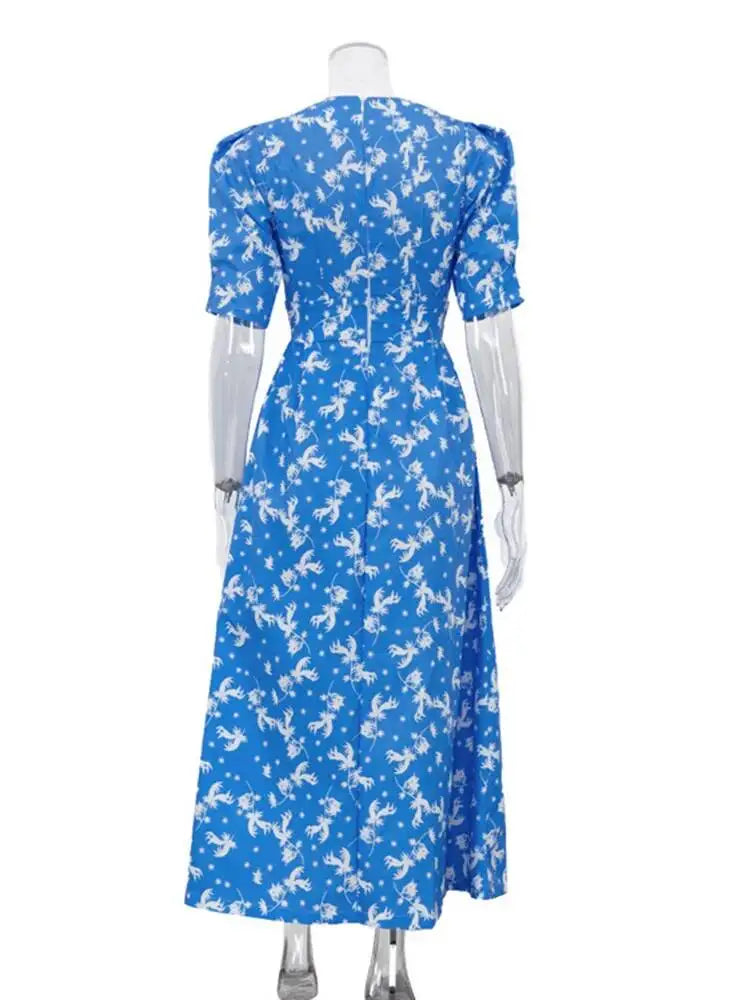 Temperament Print V-neck Bubble Sleeves Pleated Waist Cinched Slit Dresses