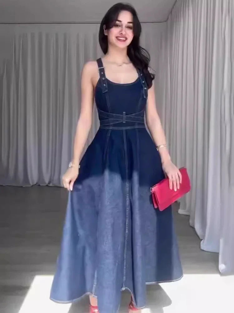 Summer Detachable Strap Backless Design Waist-Cinching Long Denim Dresses