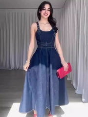 Summer Detachable Strap Backless Design Waist-Cinching Long Denim Dresses