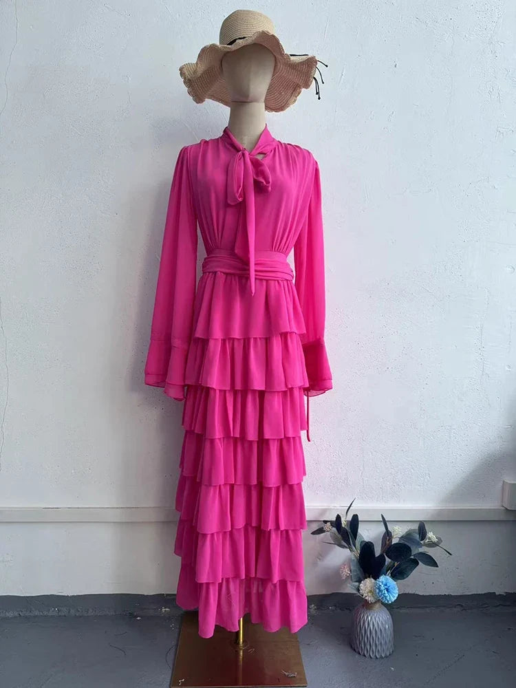 Autumn Summer Ruffle Trimmed Sweet Style Chiffon Design Half High Collar Long Dresses Female Party Clothes