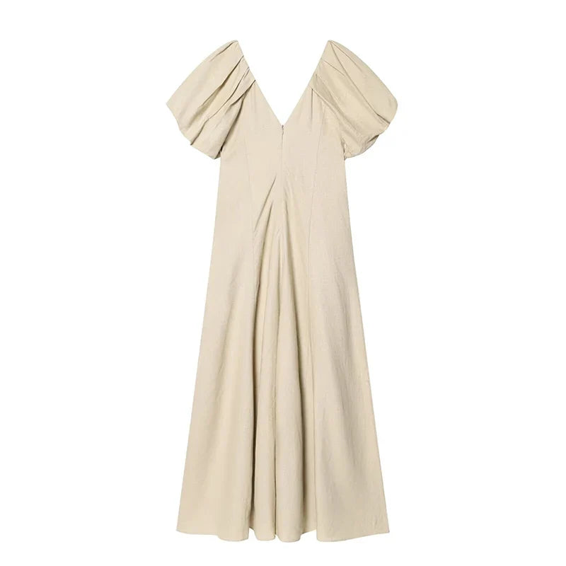Summer Solid V Neck Puff Sleeve Midi Dresses