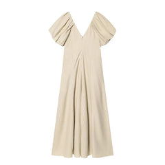 Summer Solid V Neck Puff Sleeve Midi Dresses
