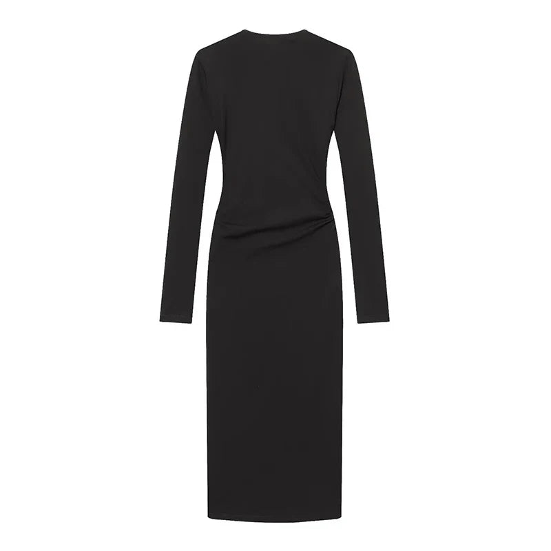 Spring Side Button Draped Pencil Sexy Elegant Dresses Long Sleeve V Neck Black Female Vestidos