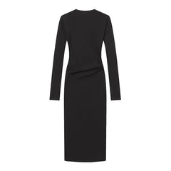 Spring Side Button Draped Pencil Sexy Elegant Dresses Long Sleeve V Neck Black Female Vestidos