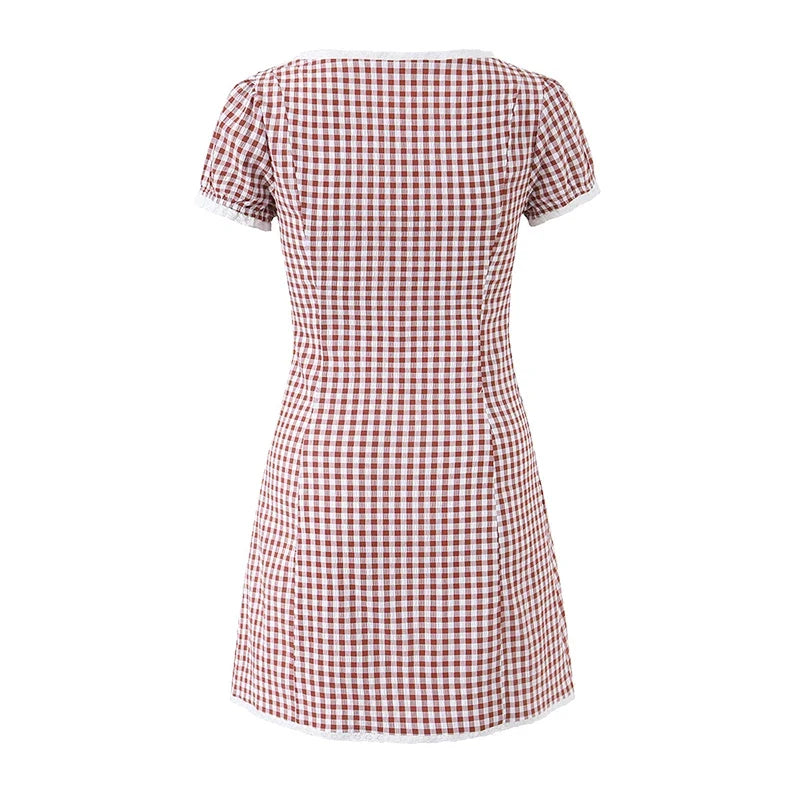 Lace Trim Plaid Mini Dresses