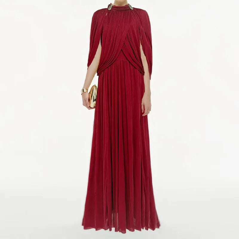 Summer Pleated Elegant Round Neck Chiffon Fashionable Long Dress