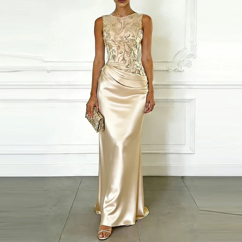 Elegant O-neck Sleeveless Lace Satin Spliced Dresses