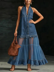 Vintage Denim V-neck Pleated Maxi Dresses