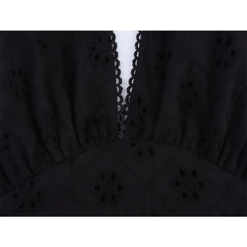 Summer Black Hollow Out Embroidery Halter Cutout Maxi Dresses