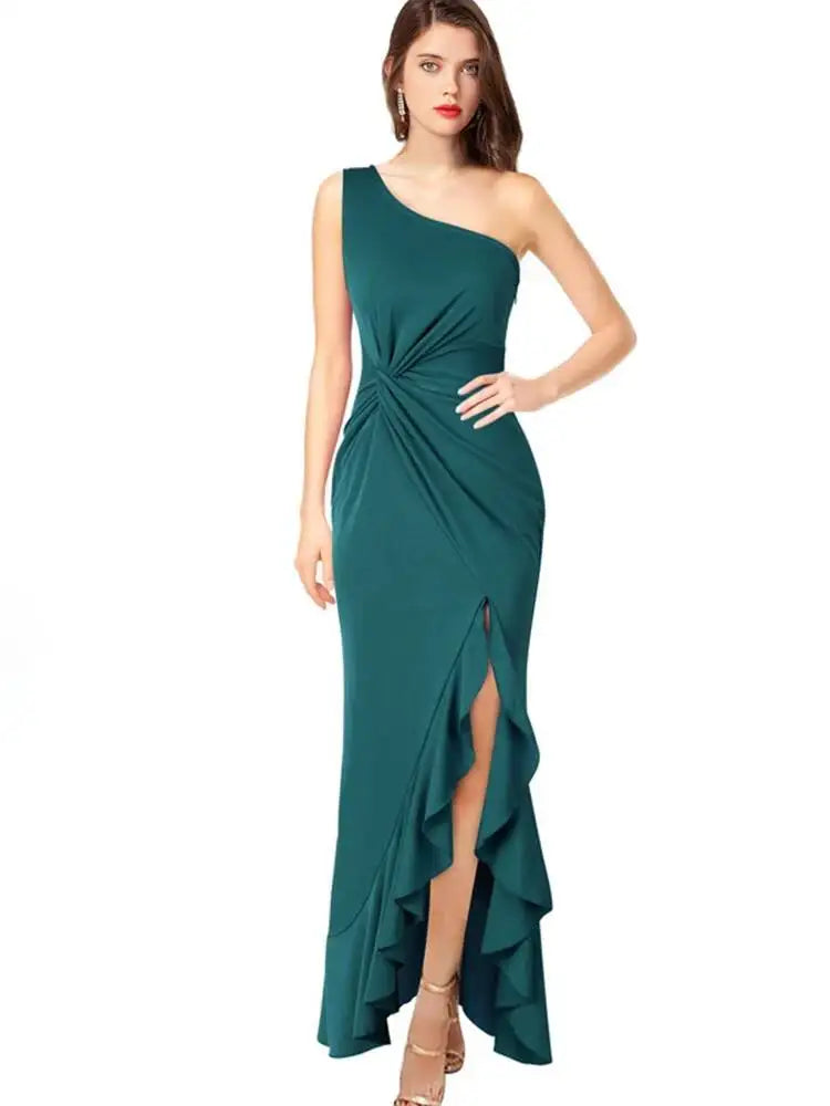 Temperament Slant Neck Sleeveless Ruffle Edge Slit Dresses