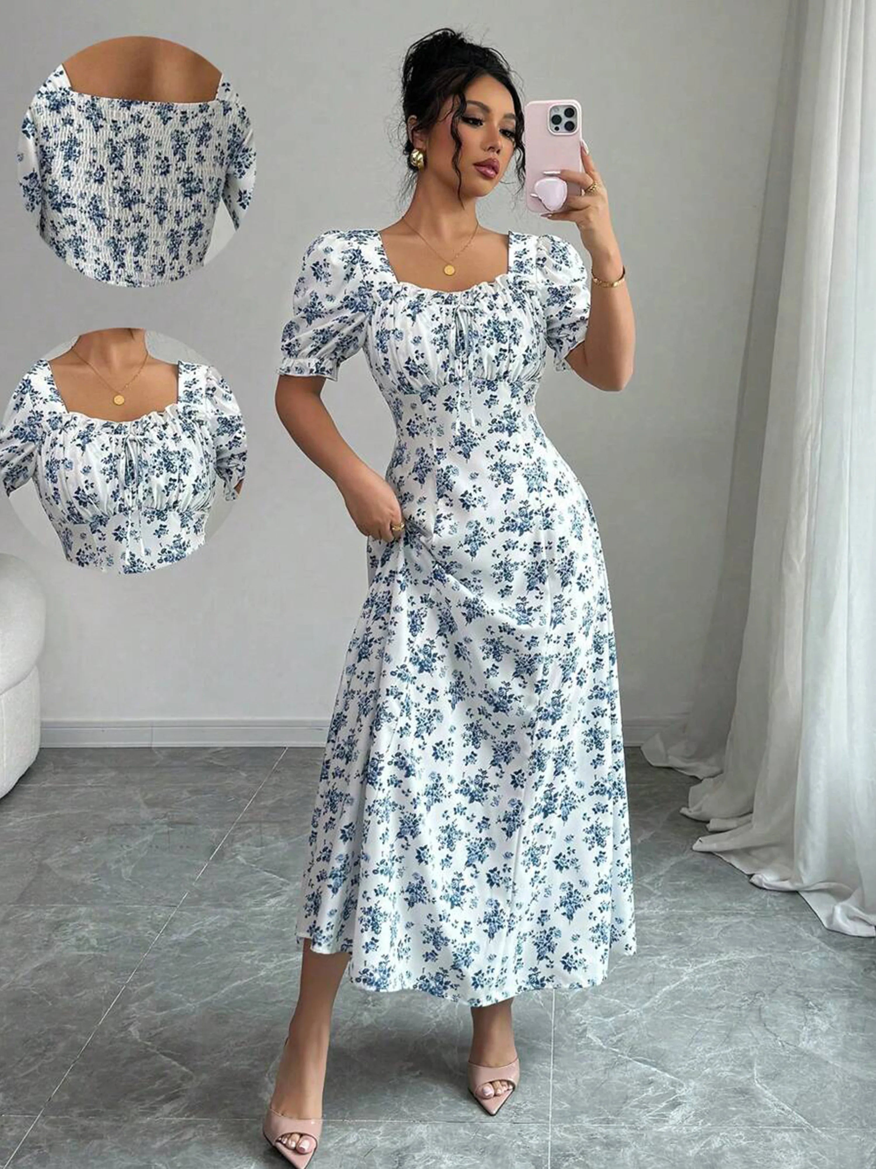 Summer Elegant Casual Puff Sleeve Square Neck White & Blue Floral Print Maxi Dresses