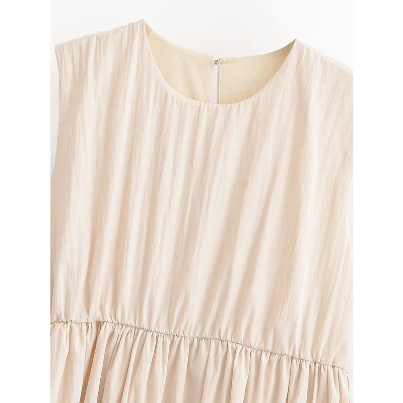 Arrival Casual Sleeveless Tiered Gathered Waist Bubble Hem Mini Dresses