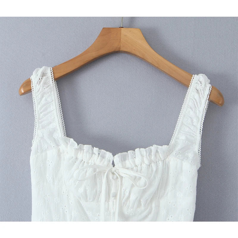 Sweet Floral Embroidery White Tank Dresses