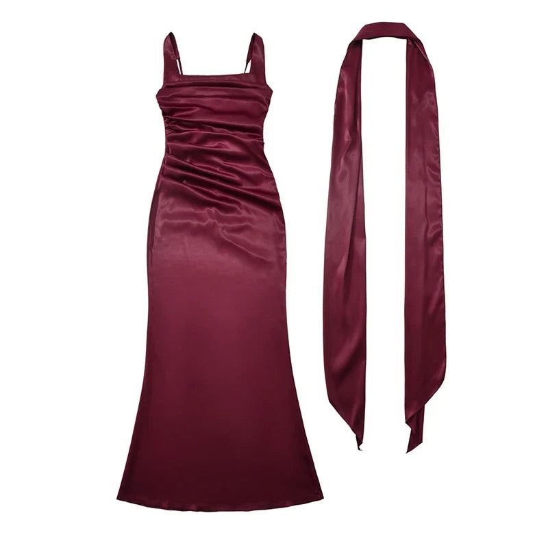 Wine Red Satin Sling Maxi Dresses