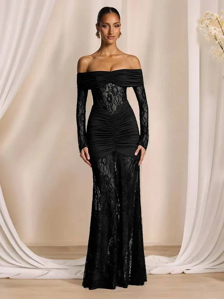 Fashionable Slash Neck Long Sleeved Hollow Lace Patchwork Hip Hugging Dresses