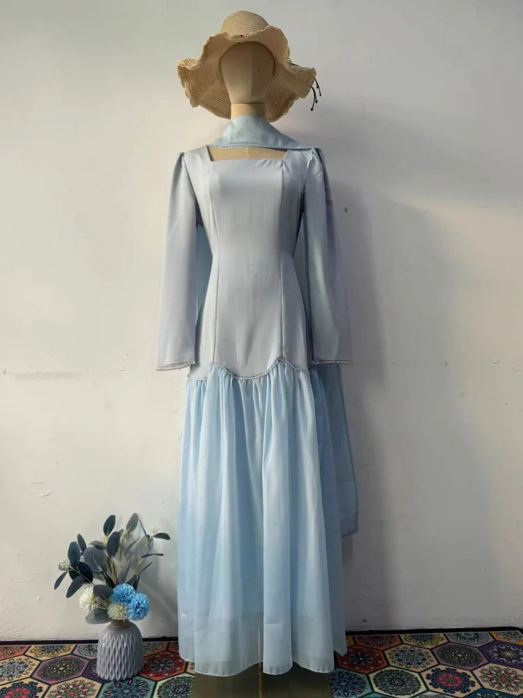 Autumn Square Collar Handmade Diamond Ribbon Long Sleeve Slimming Dresses
