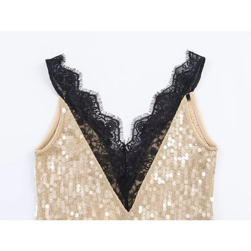 Romantic Lace Trim Sequin Dresses For Backless V Neck Sleeveless Party Sexy Dresses
