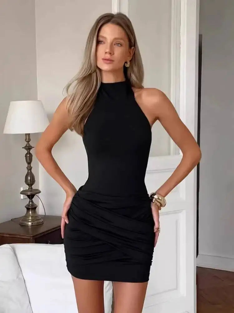 Simple Neck Hanging Sleeveless Waist Slimming Mini Dresses