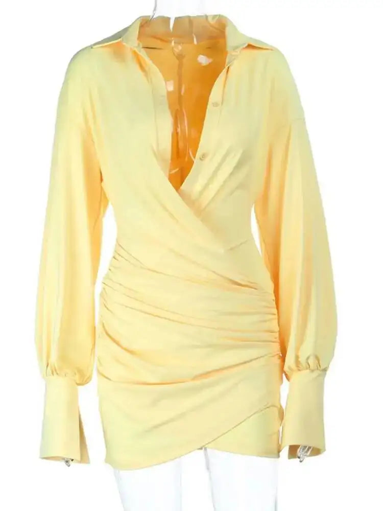 Lapel Collar Wrap Ruched Bodycon Mini Dresses