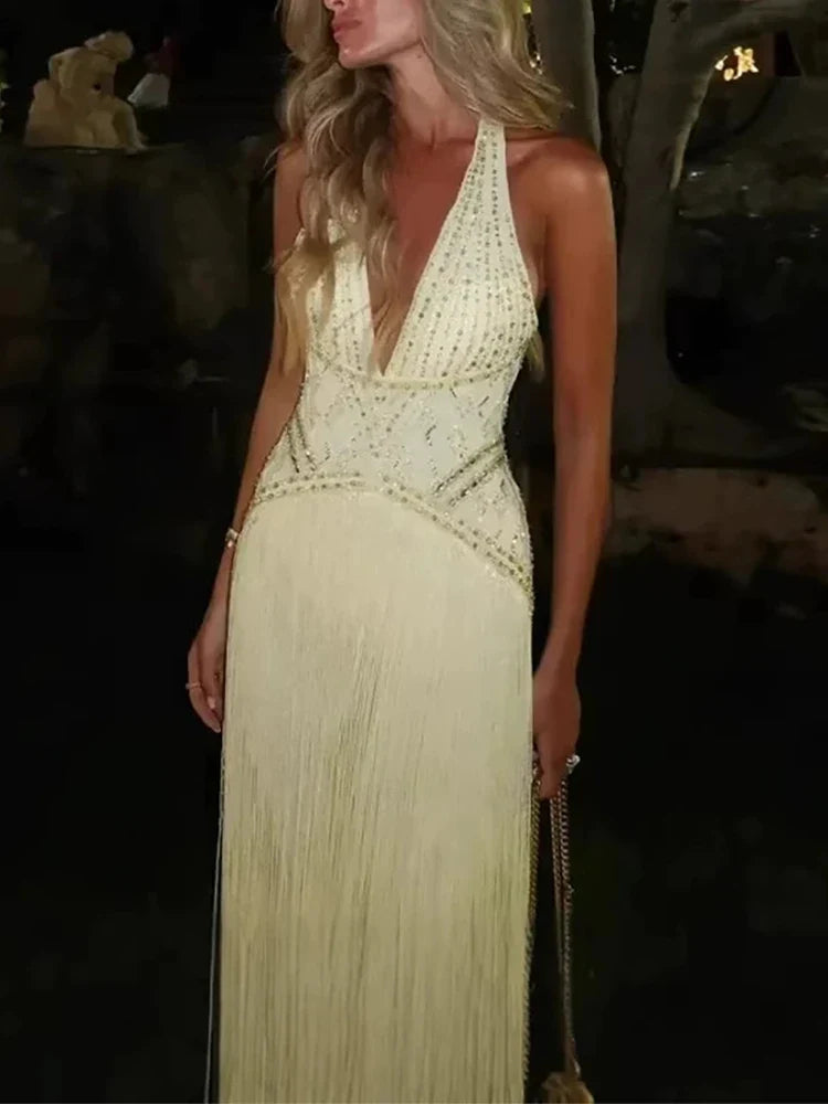 Sexy Backless Hollow Out Party Dresses Sexy Halter Deep V High Waisted Evening Dresses