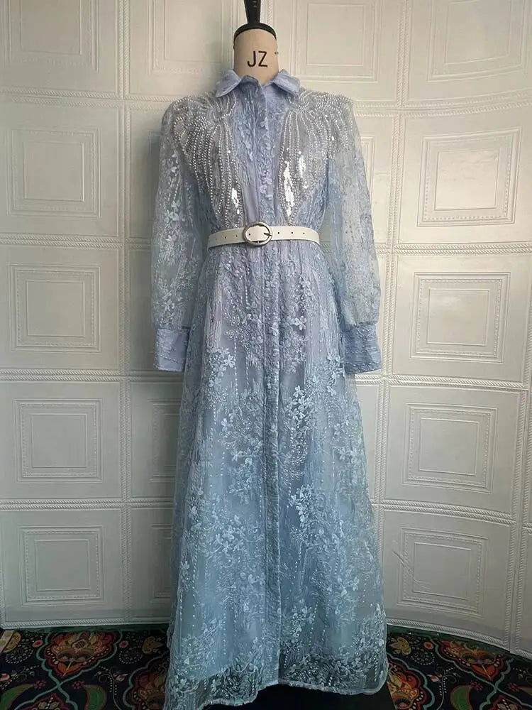 Summer Printed Lapel Long Sleeve Waist Dresses