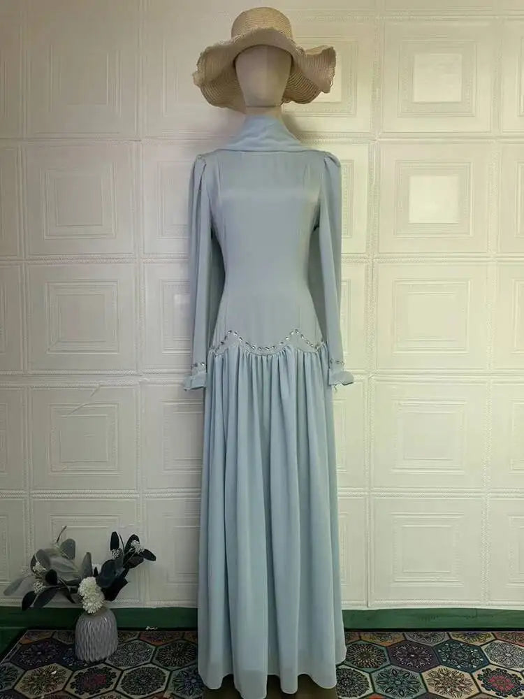 Elegant Ribbon Round Neck Long Sleeved Patchwork Diamond Studded Dresses
