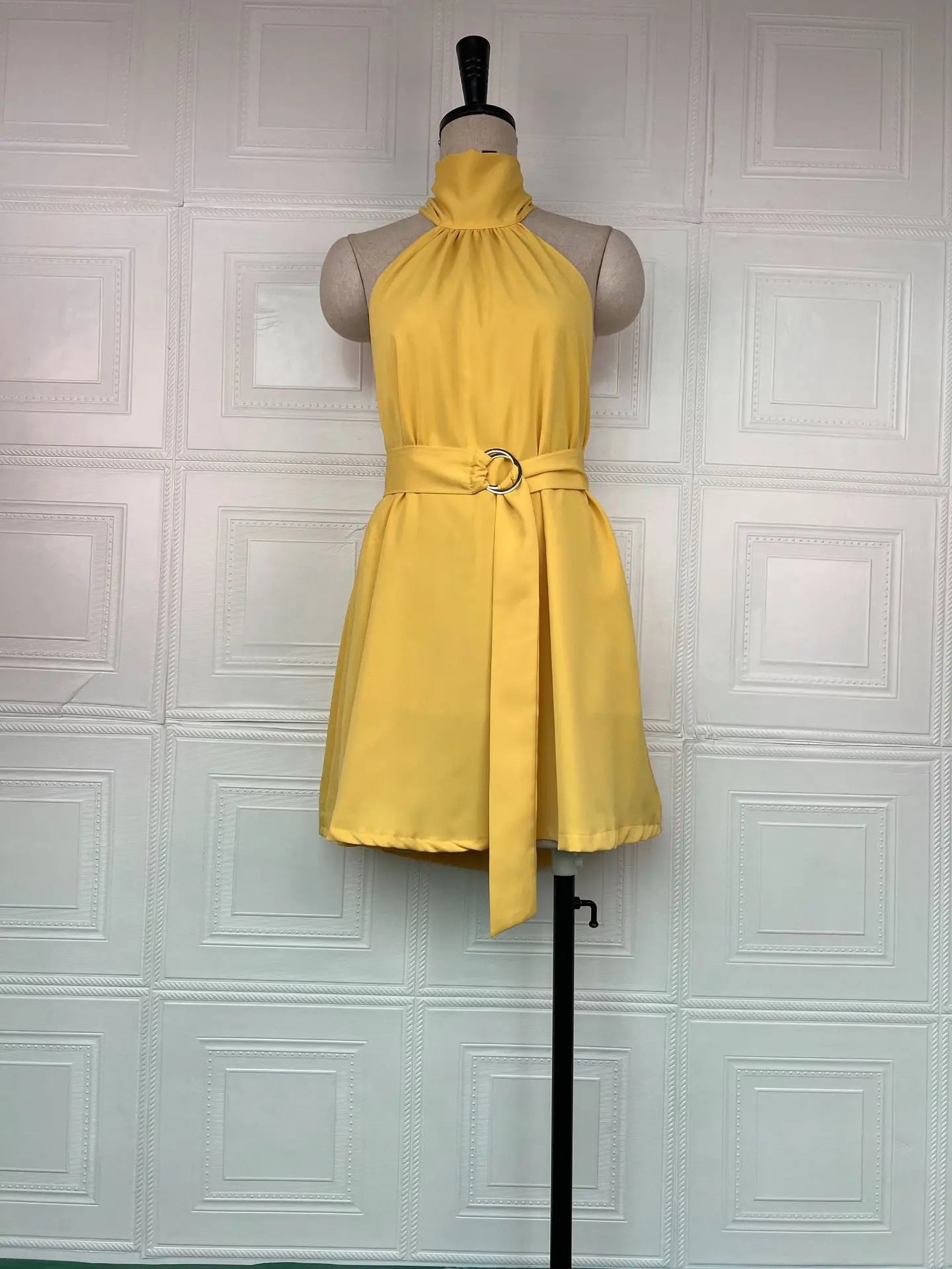 Halter Neck Strap Solid Color Waist-Cinching Short Dresses
