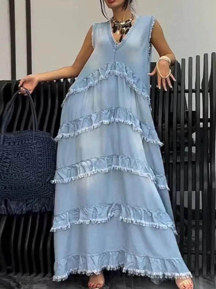 Solid Color V-neck Frayed Edge Patchwork Denim Dresses