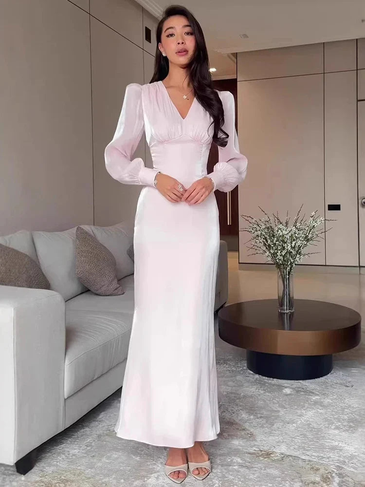 Elegant V Neck Puff Sleeve Maxi Dresses