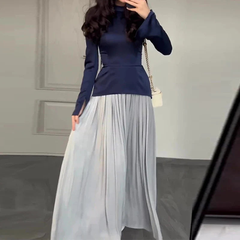 Patchwork Pleated Maxi Dresses