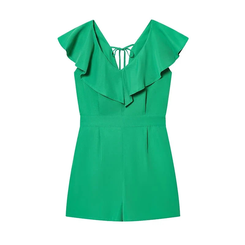 Ruffle V Neck Green Short Jumpsuit Holiday Casual Summer Romper