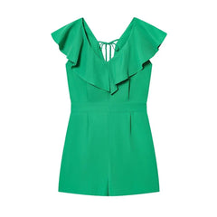 Ruffle V Neck Green Short Jumpsuit Holiday Casual Summer Romper