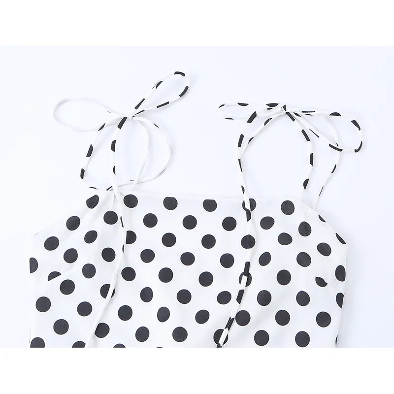 French Vacation Style Versatile White Polka Dot Spaghetti Tie Strap A-line Midi Dresses
