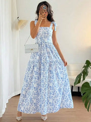 French Elegant Pleated Flounce Floral Print Long Dress, Sleeveless V-Neck Ruffled Dress, Summer Ladies Light Blue Gown Blue