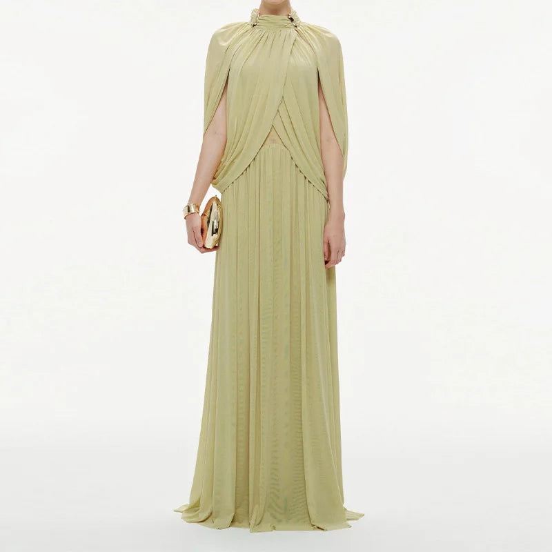 Summer Pleated Elegant Round Neck Chiffon Fashionable Long Dress