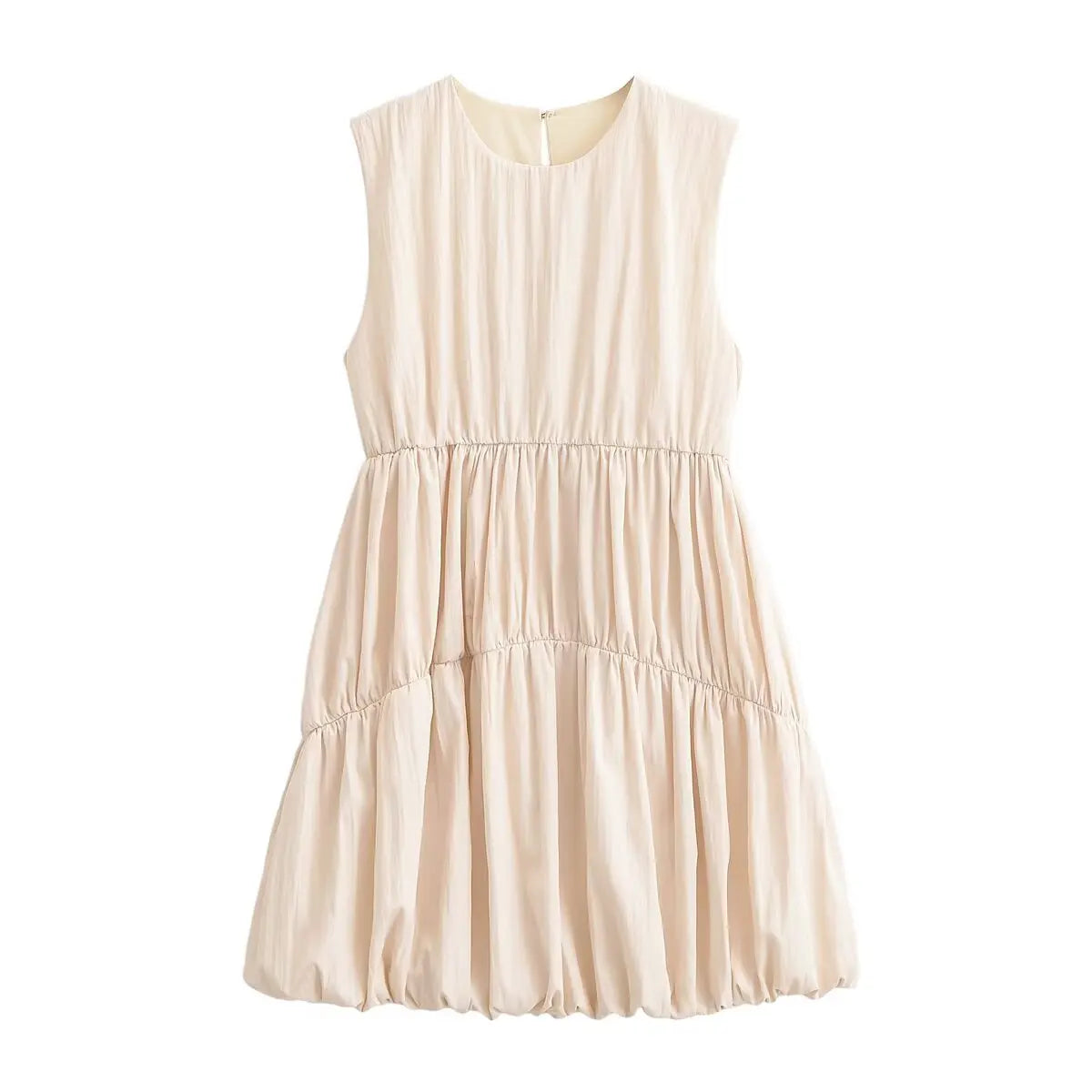 Arrival Casual Sleeveless Tiered Gathered Waist Bubble Hem Mini Dresses