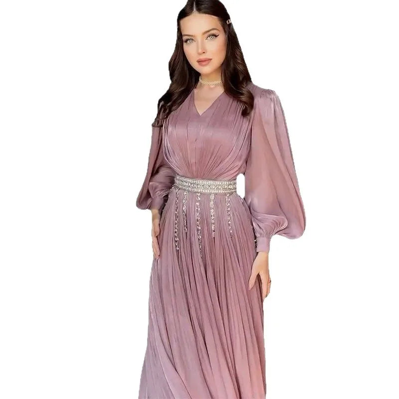 Sexy V-neck Pleated Sheer Long Sleeve Flared Dresses